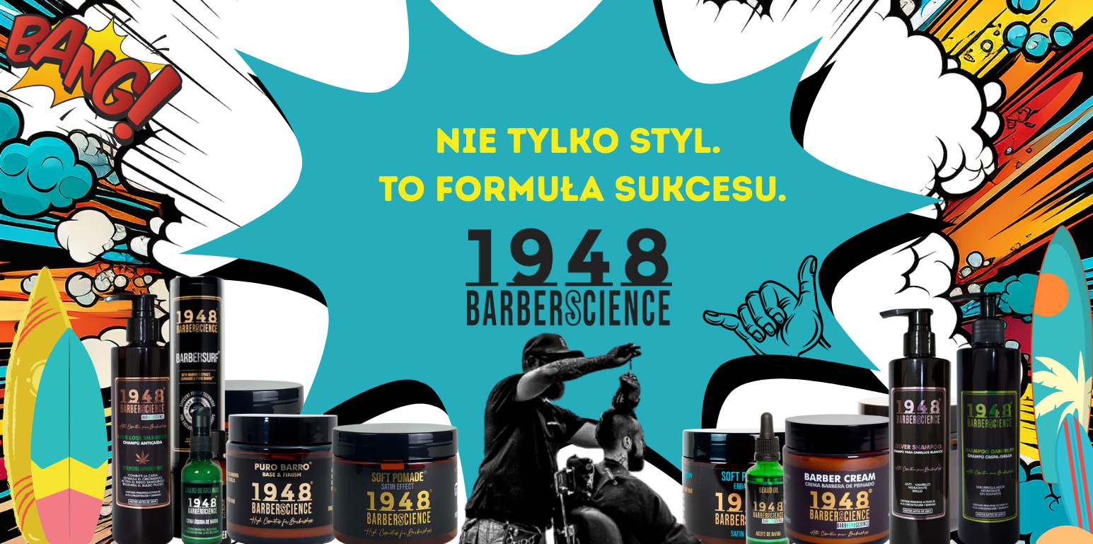 zdjecie-przedstawiajace-produkty-marki-1948-barbersience-do-meskiej-pielegnacji-i-stylizacji-brody-i-wlosow-oraz-barbera-przy-pracy.png